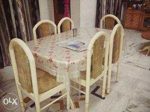 Rectangular White Wooden Dining Table With Six Chairs