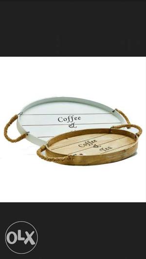 Round White And Brown Wooden Coffee And Tea Serving Trays