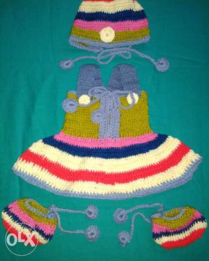 Hand made baby girl pure woollen dress with woollen cap and