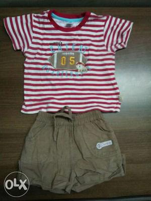 Toddler's Red And White Stripe Crew Neck T-shirt And Brown