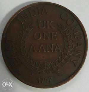 Round Copper U.K. 1 Anna Coin