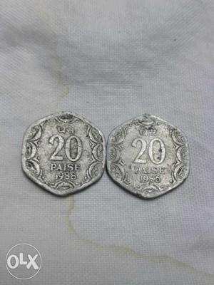 Two 20 Indian Paise Coins