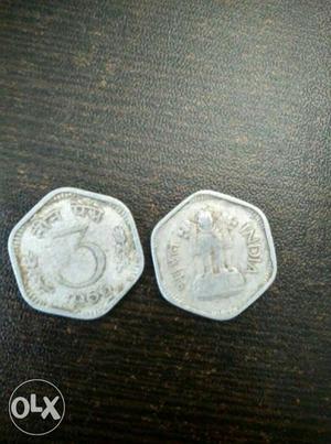 Two 3 Indian Paise Coins