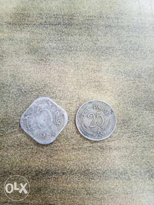 Two Silver Indian Paise Coins