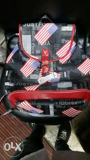 Black And Red Flag Of America Print Leather Backpack