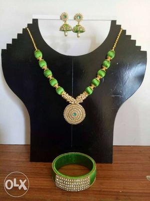 Green And Beige Silk Thread Necklace And Bangles