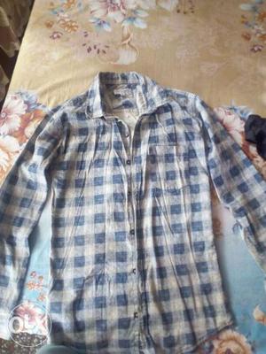 Men's Blue And Gray Plaid Print Long Sleeve Dress Shirt