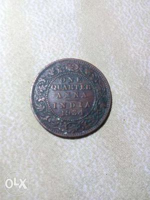 One Quarter ANNA Coin  india. Antique piece