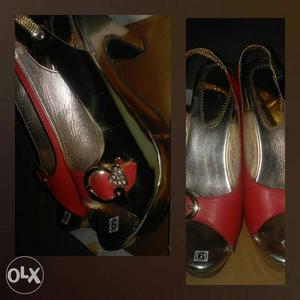 Pair Of Red-and-gold Sling Back Heels