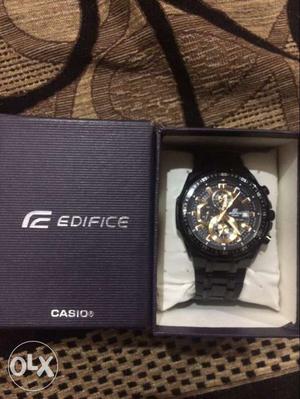 Round Black Edifice Casio Chronograph Watch With Link Strap