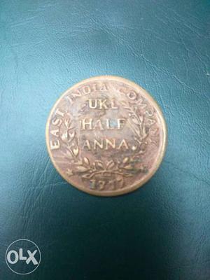 Round Copper Half Anna Coin