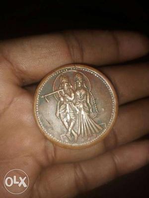 Round Copper Krishna And Radha Emboss Coin