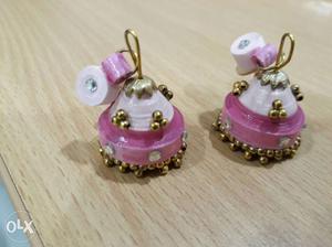 White-and-pink Jhumka Earrings