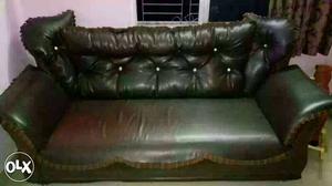 Dark-green Leather Tufted 3-seat Sofa