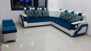 White-and-blue Padded Sofa Set