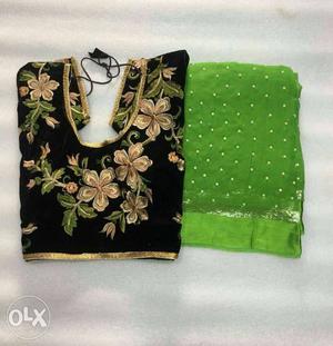 Black, Green, And Grey Floral Crop Top And Green Textile