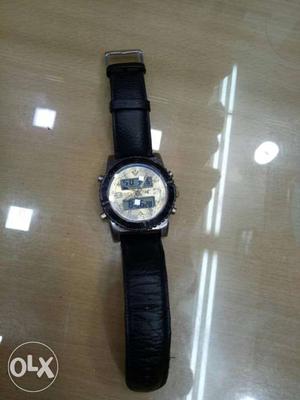 Black Round Framed Digital Watch With Black Leather Bracelet