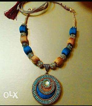 Blue And Beige Silk Thread Necklace