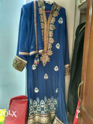 Blue And golden Long Sleeve Traditional kurti with heavy