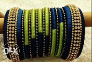 Blue, Green And Beige Silk Thread Bangle