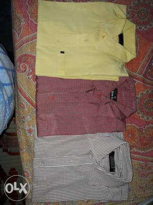 Men's Three Yellow,maroon And Grey Tattersall Dress Shirts
