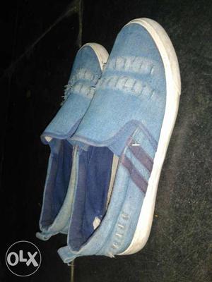 Pair Of Blue-and-white Slip-on Shoes