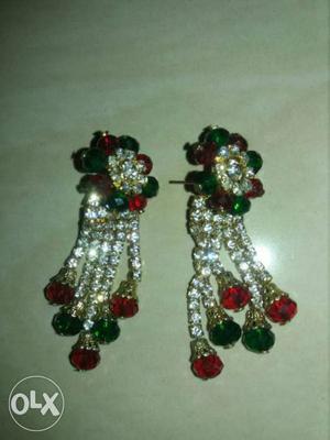 Pair Of Ruby, Emerald, And Diamond Clustered Earrings