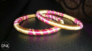 Pink And Gold-colored Silk Thread Bangles