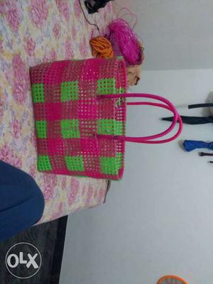 Pink And Green Knitted Tote Bag