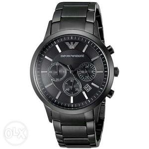 Round Black Emporio Armani Chronograph Watch With Chain Link