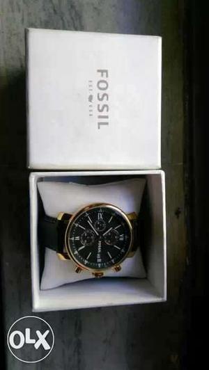 Round Gold And Black Fossil Chronograph Watch In Box