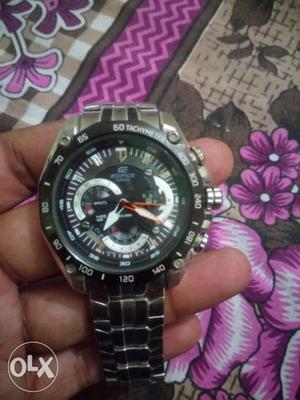 Round Silver And Black Casio Edifice Chronograph Watch