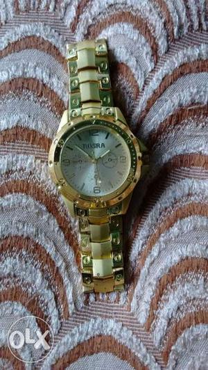 Round Silver And Gold Chronograph Watch With Gold Link Strap