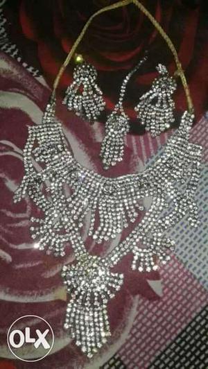 Silver Embellished Drop Pendant Necklace And Earrings