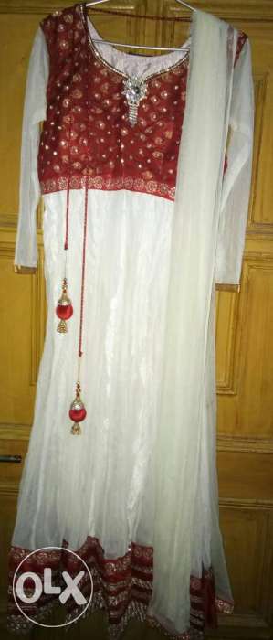 White & red colour combination frock suit