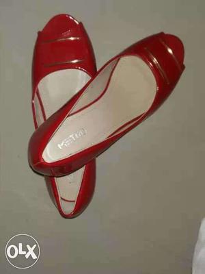 Women's Pair Of Red Leather Open Toe Flats