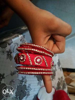 Women's Red And Silver Silk Thread Bangles
