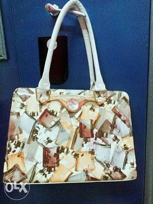 Women's White Gray Brown And Yellow Tote Bag