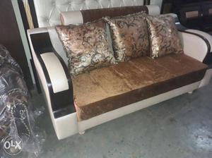 Brown 3-seat White Sofa With Pillow Lot