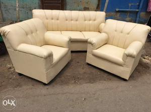 Tufted White Leather 3-piece Couch Set