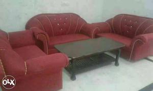 Two Red Padded Loveseats, Sofa Chair And Rectangular