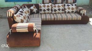 Brown And White Fabric Floral Sectional Sofa