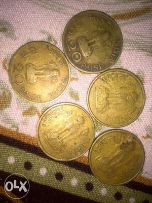 Five 20 Indian Paise Coins