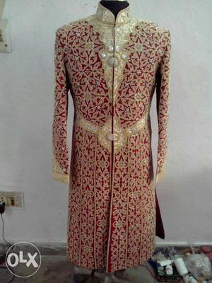 Maroon colour rowshilk sherwani fully machine and