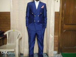 Men's Blue Satin Double Breasted Blazer And Pants Set brand