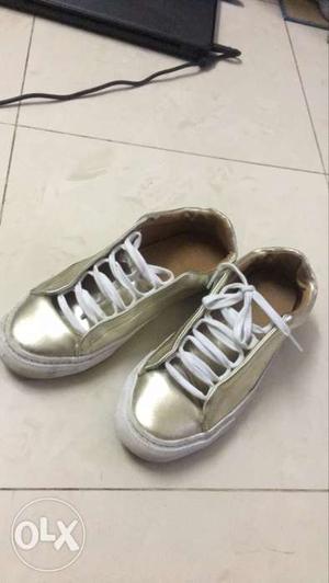 Pair Of Gold-colored Leather Low Top Sneakers From zara