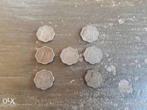 Seven 10 Indian Paise Coins
