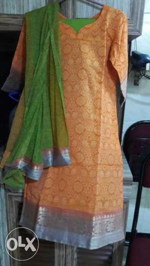 Silk cotton salwar kameez with chiffon dupatta,