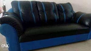 Black And Blue Leather 3-seat Sofa