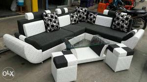 Black Fabric Cushioned Sectional Sofa
